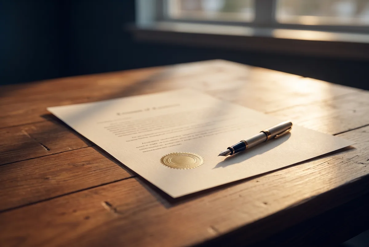 Sealed surety bond document with a fountain pen on a desk at sunrise