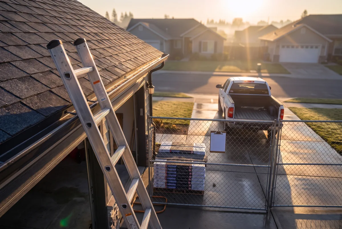 Jobsite entrance at sunrise with a ladder against the eave and a clipboard on the fence gate