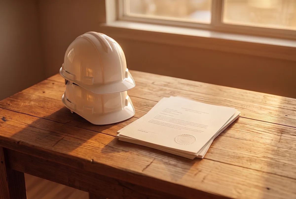 Two hard hats stacked beside sealed documents on a work table