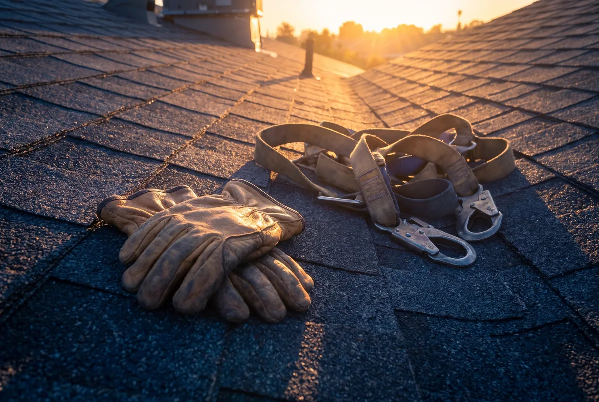 Work gloves and a safety harness resting on shingles in sunrise light